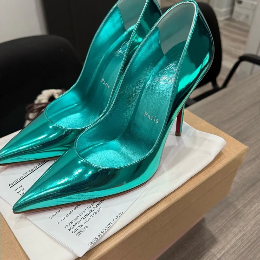 Christian Louboutin Metallic Teal Pointed Toe Pumps with Red Drawstring Pouch - Picture 2 of 4
